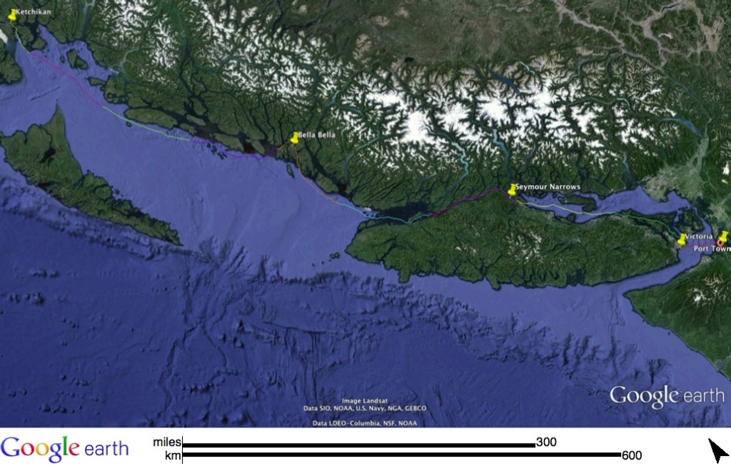 The race travels the full length of the BC Coast with many route choices, including the traditional "Inside Passage."